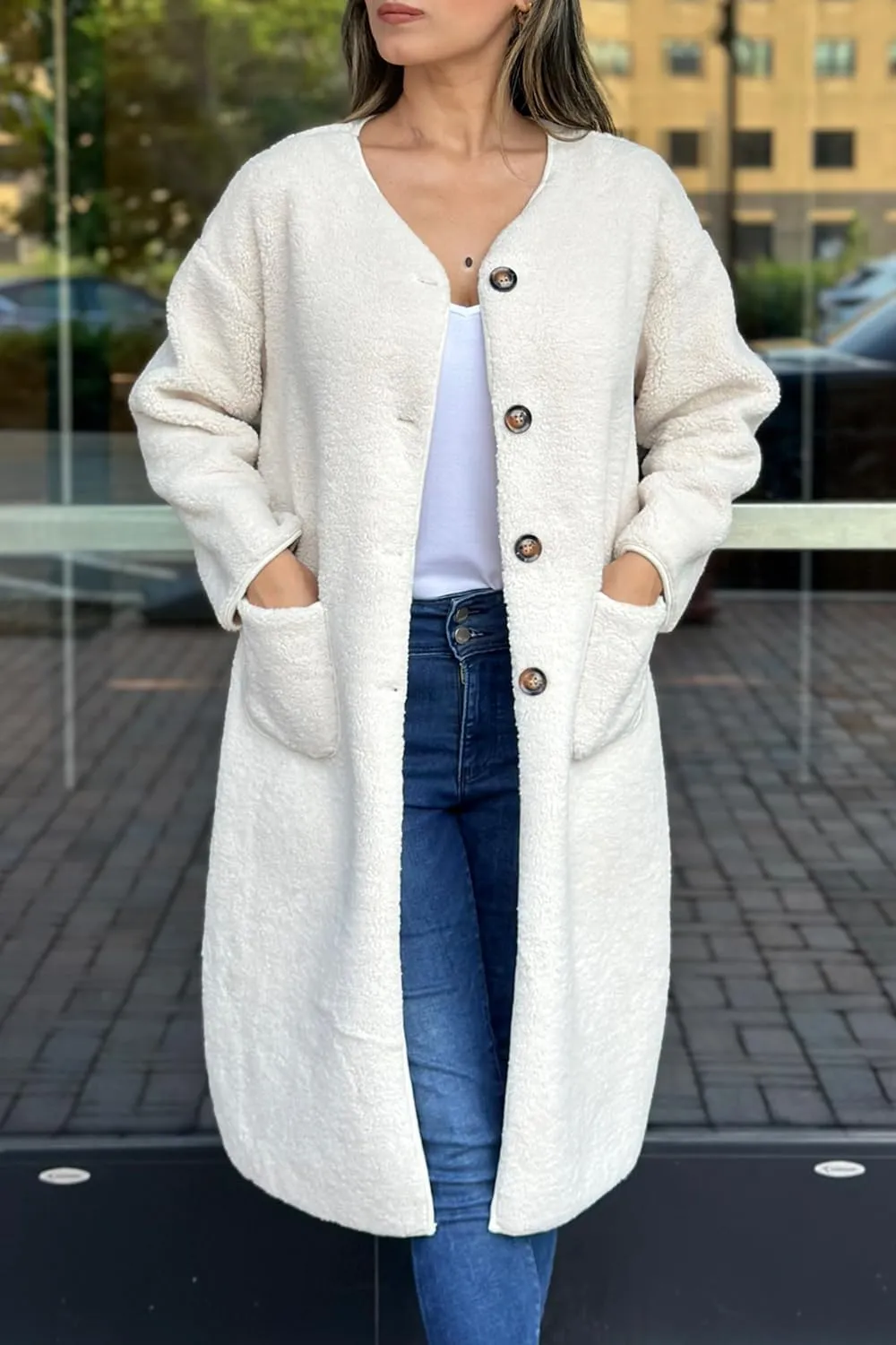 Poetsky Womens Winter Teddy Faux Fur Coats Warm Button Down Fuzzy Fleece Long Jacket Outerwear Outfits