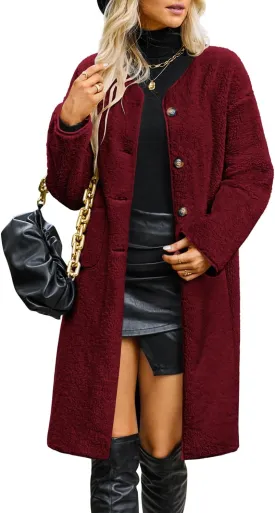 Poetsky Womens Winter Teddy Faux Fur Coats Warm Button Down Fuzzy Fleece Long Jacket Outerwear Outfits