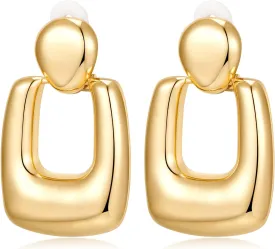 Polished Chunky Gold Dangle Clip-on Earrings for Women Geometric Hoop Clip Earrings for Birthday Jewelry