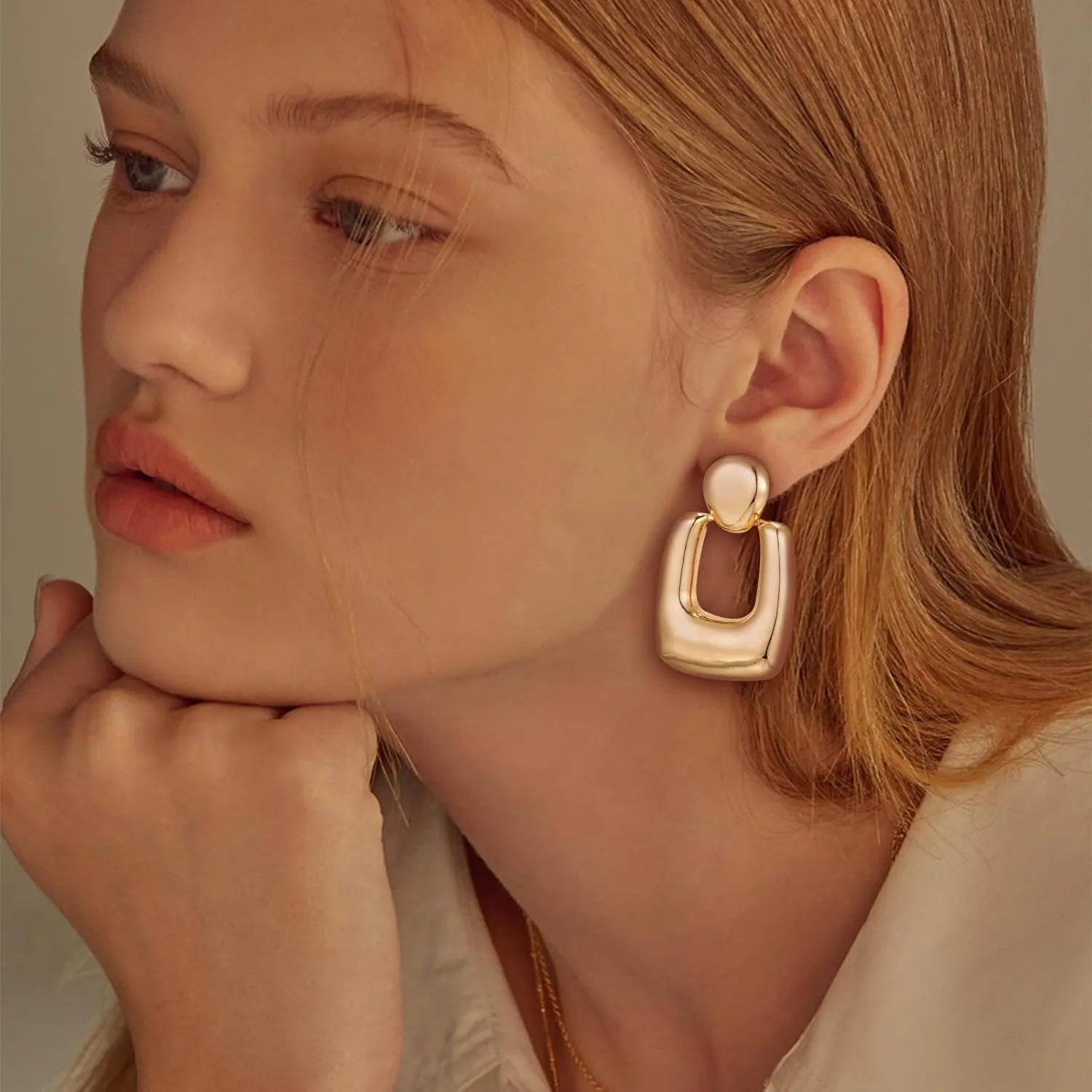 Polished Chunky Gold Dangle Clip-on Earrings for Women Geometric Hoop Clip Earrings for Birthday Jewelry