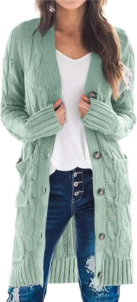 PRETTYGARDEN Long Sleeve Cable Knit Long Cardigan for Women 2025 Fall Winter Chunky Open Front Button Sweaters with Pockets