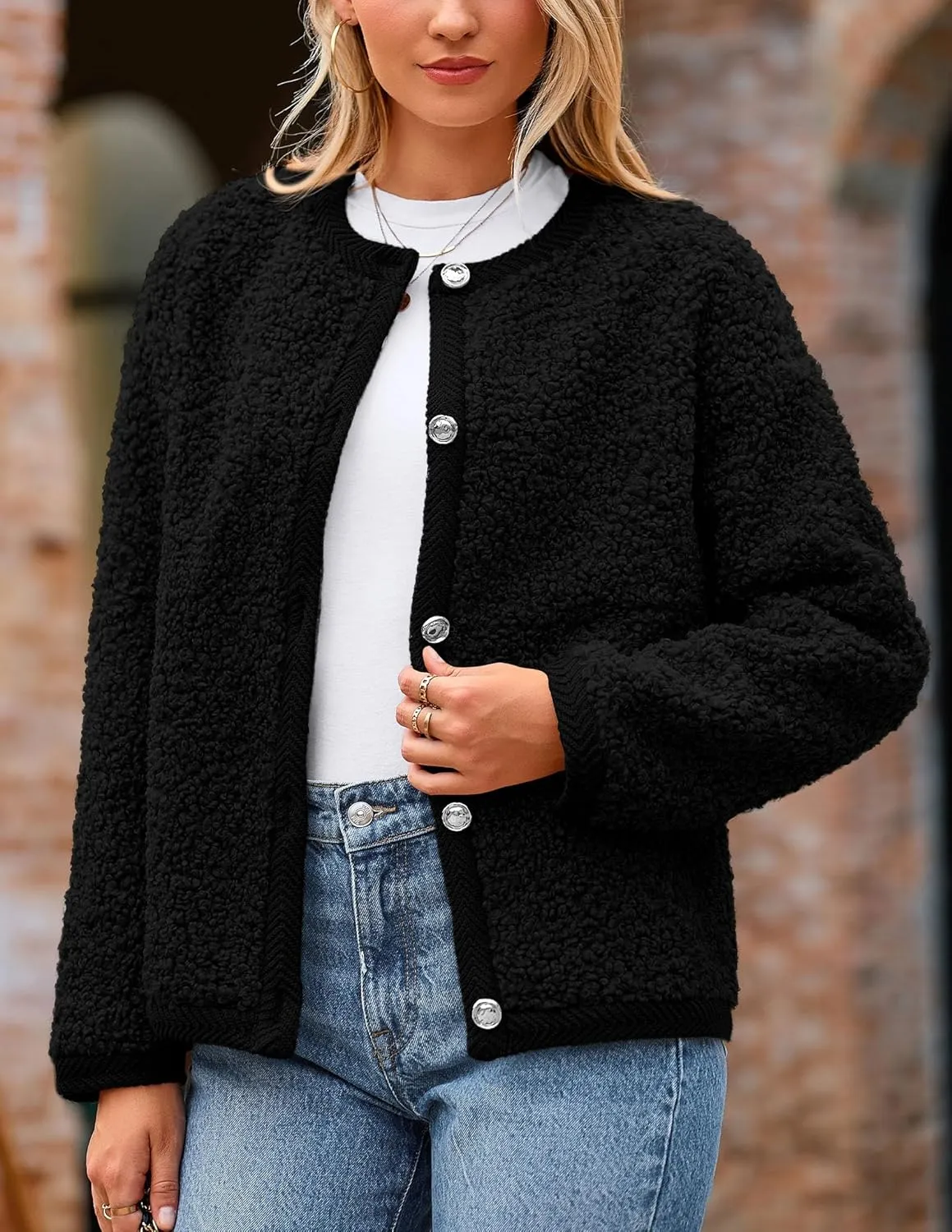 PRETTYGARDEN Women's Faux Fur Shearling Coat Fuzzy Fleece Button Up Trendy Fall Winter Cropped Jackets Outerwear