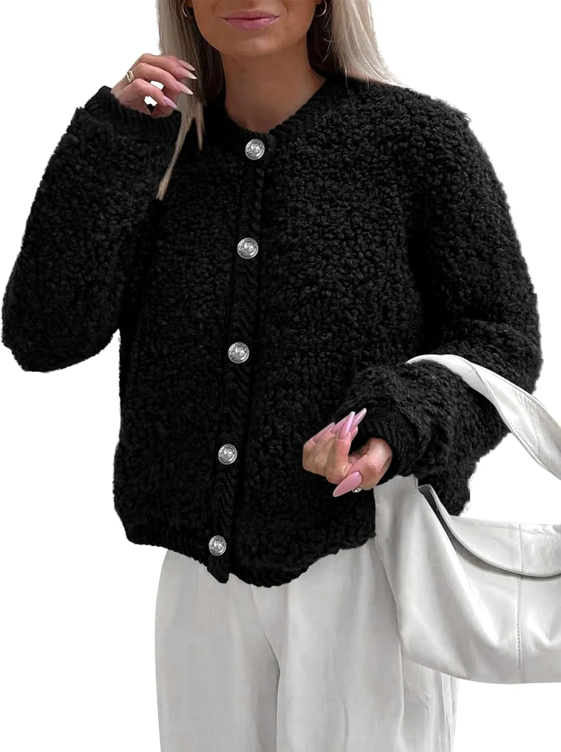 PRETTYGARDEN Women's Faux Fur Shearling Coat Fuzzy Fleece Button Up Trendy Fall Winter Cropped Jackets Outerwear