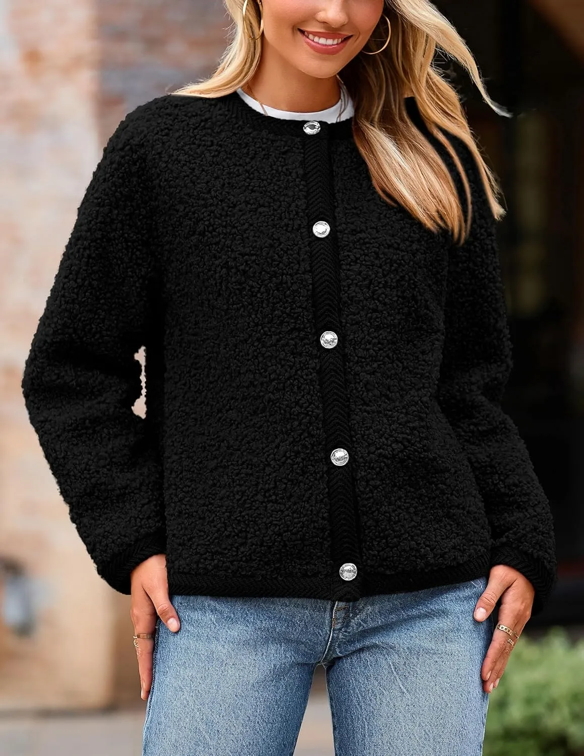 PRETTYGARDEN Women's Faux Fur Shearling Coat Fuzzy Fleece Button Up Trendy Fall Winter Cropped Jackets Outerwear