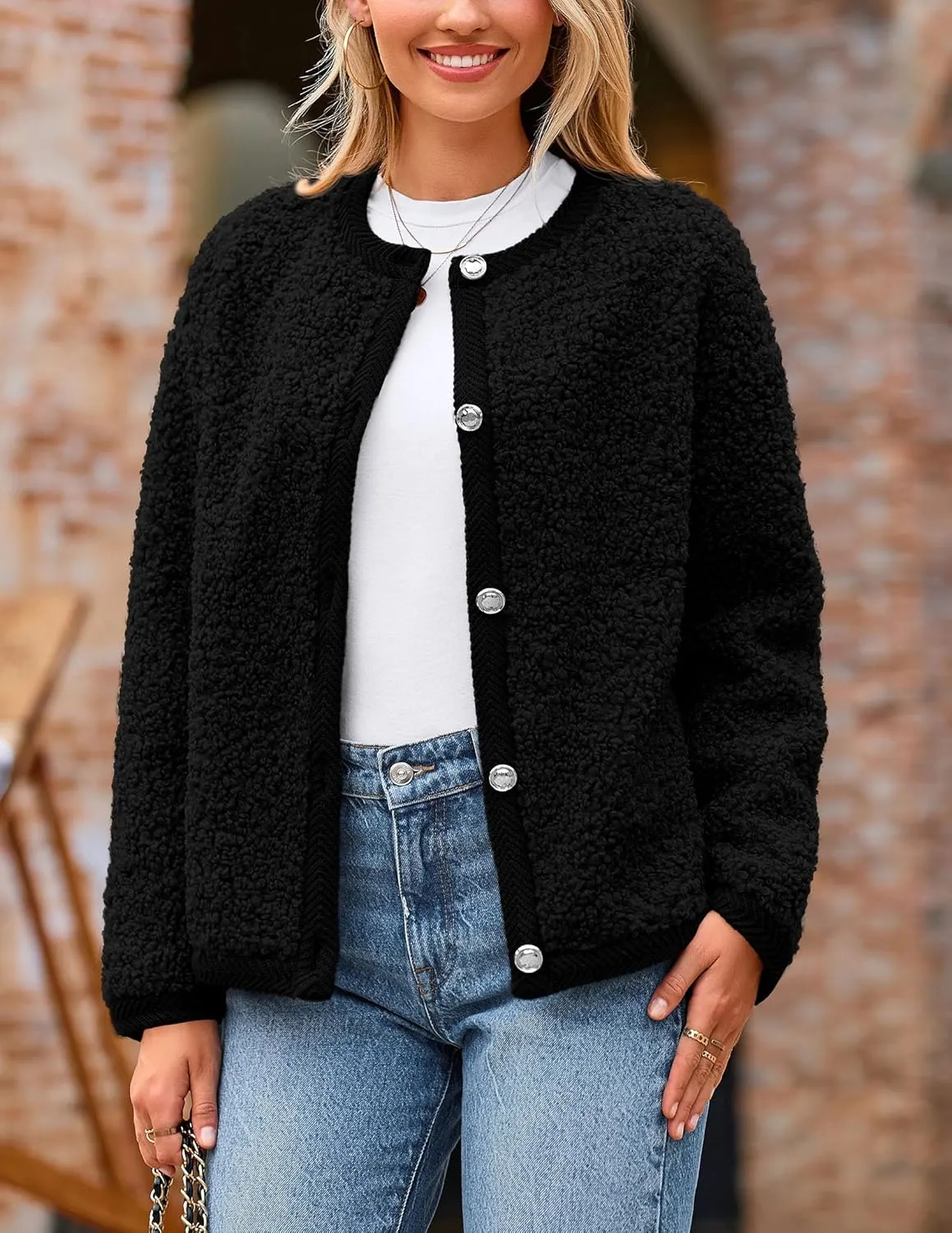 PRETTYGARDEN Women's Faux Fur Shearling Coat Fuzzy Fleece Button Up Trendy Fall Winter Cropped Jackets Outerwear