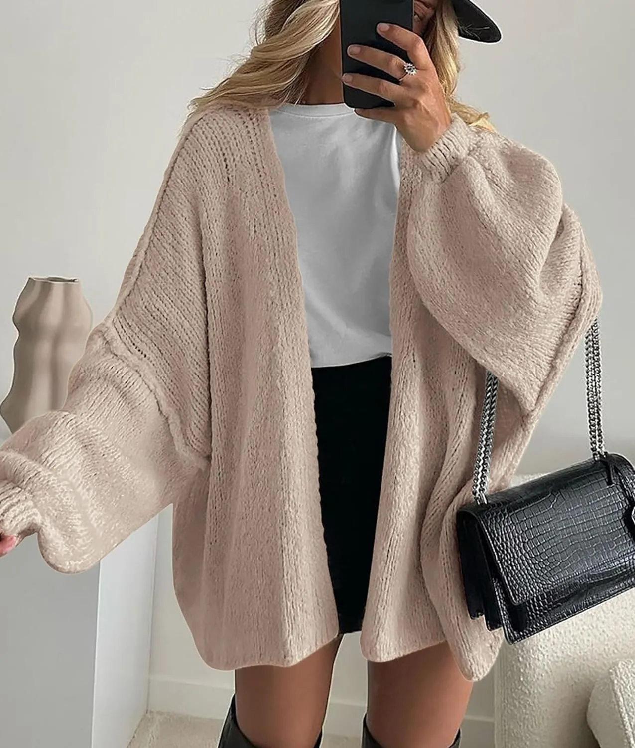 PRETTYGARDEN Womens Oversized Cardigan Sweaters 2025 Fall Long Lantern Sleeve Knit Open Front Lightweight Sweater