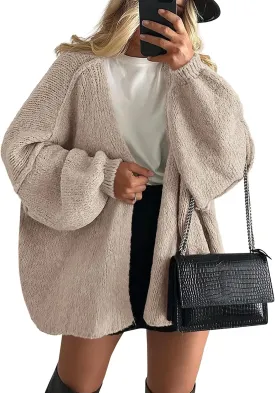 PRETTYGARDEN Womens Oversized Cardigan Sweaters 2025 Fall Long Lantern Sleeve Knit Open Front Lightweight Sweater