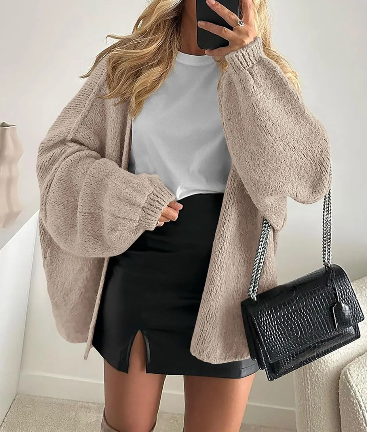 PRETTYGARDEN Womens Oversized Cardigan Sweaters 2025 Fall Long Lantern Sleeve Knit Open Front Lightweight Sweater