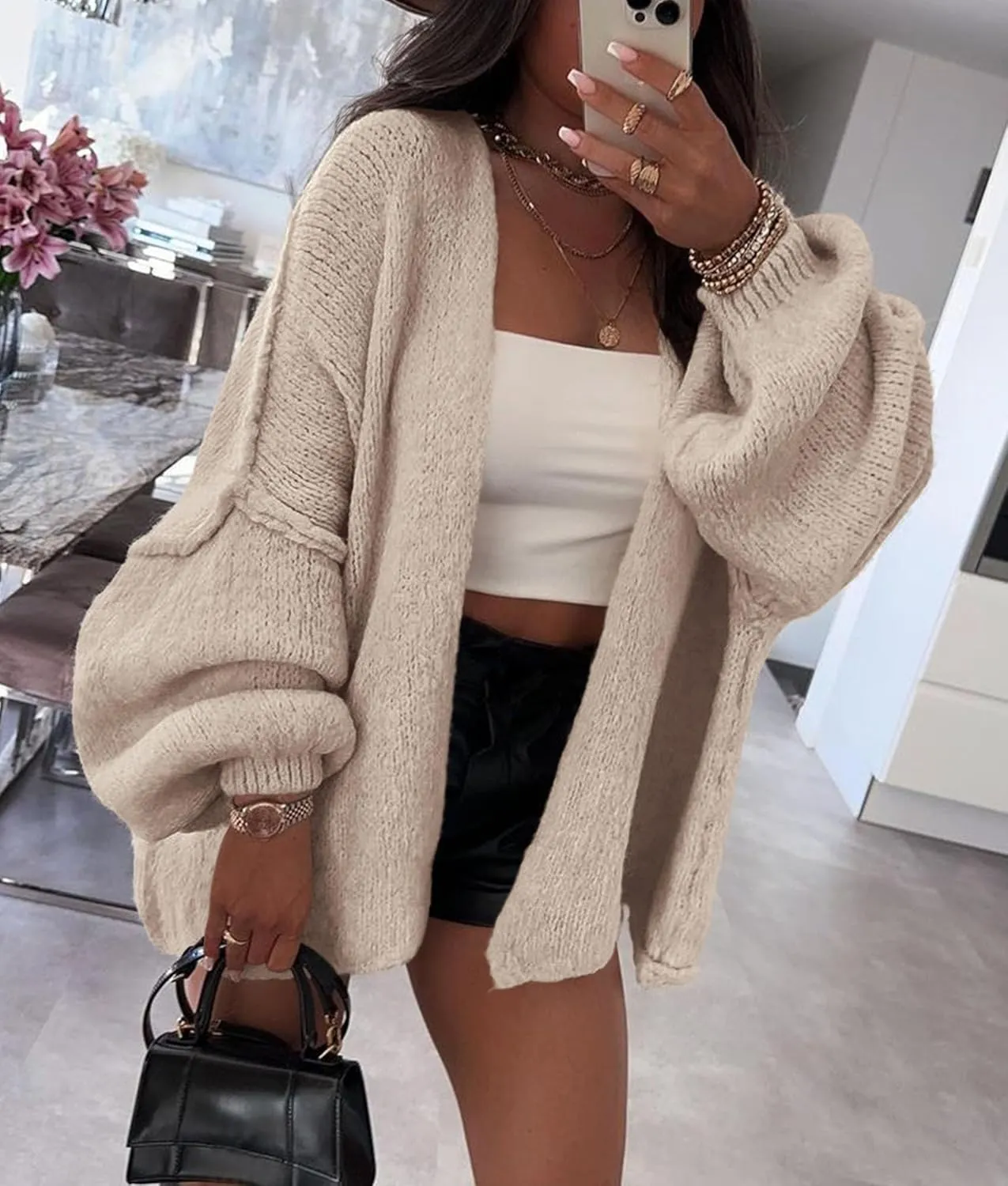 PRETTYGARDEN Womens Oversized Cardigan Sweaters 2025 Fall Long Lantern Sleeve Knit Open Front Lightweight Sweater