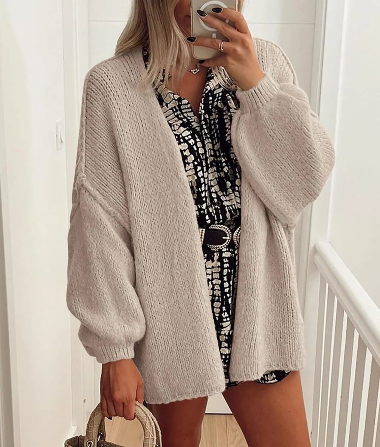 PRETTYGARDEN Womens Oversized Cardigan Sweaters 2025 Fall Long Lantern Sleeve Knit Open Front Lightweight Sweater