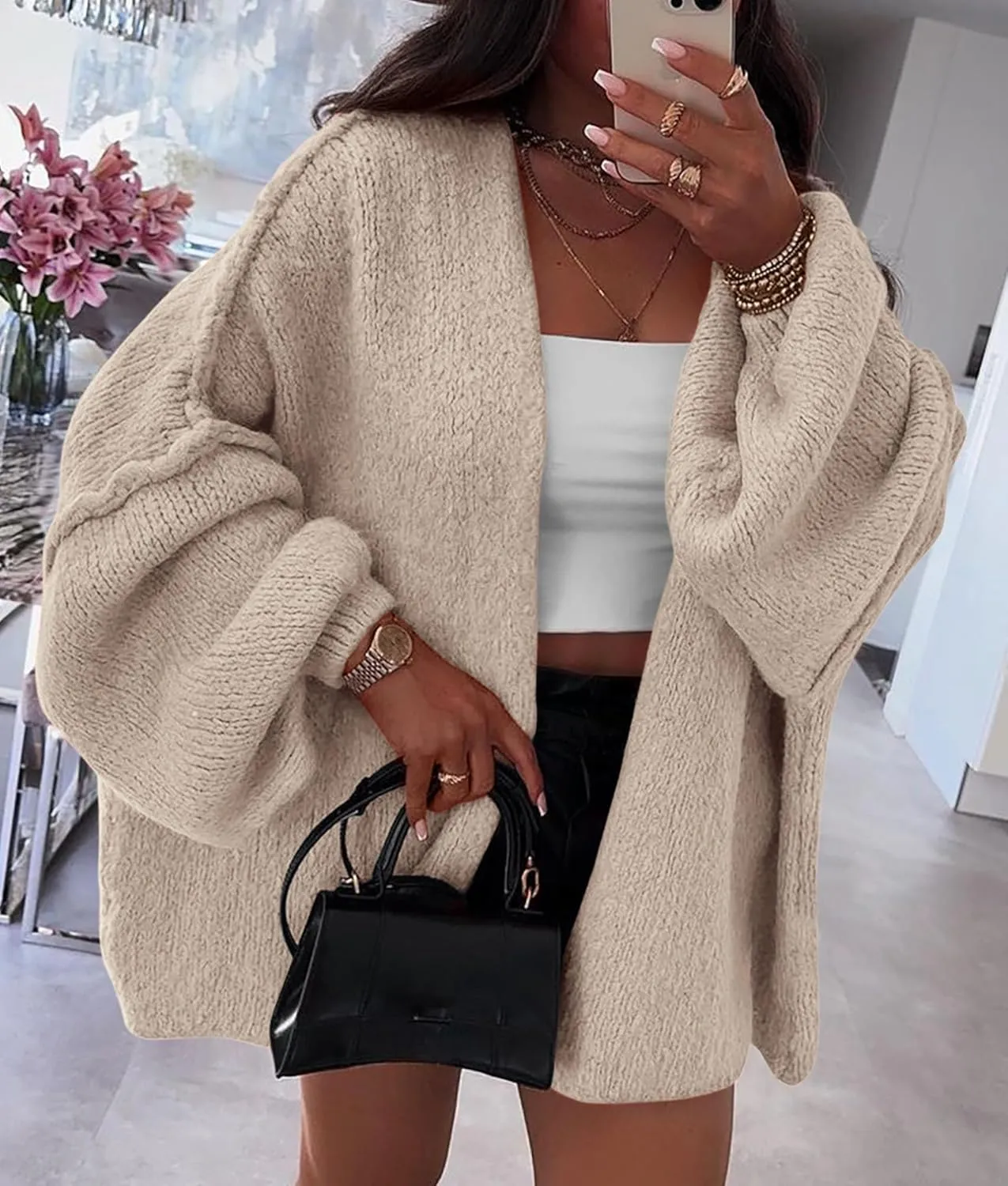 PRETTYGARDEN Womens Oversized Cardigan Sweaters 2025 Fall Long Lantern Sleeve Knit Open Front Lightweight Sweater