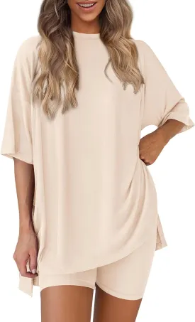 PRETTYGARDEN Women's Two Piece Lounge Set 2025 Summer Casual Oversized Shirts Biker Shorts Matching Airport Travel Outfit