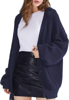 QUALFORT Cardigan Sweaters for Women 100% Cotton Button-Down Long Sleeve Oversized Knit Outerwear