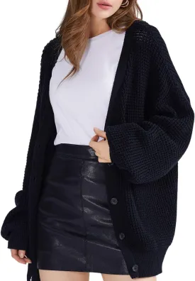 QUALFORT Cardigan Sweaters for Women 100% Cotton Button-Down Long Sleeve Oversized Knit Outerwear