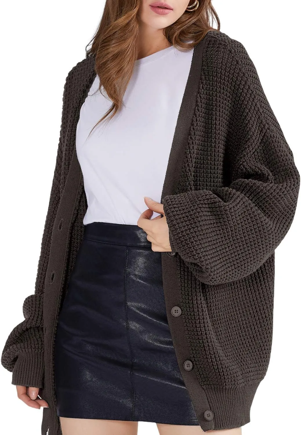 QUALFORT Cardigan Sweaters for Women 100% Cotton Button-Down Long Sleeve Oversized Knit Outerwear