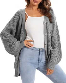 QUALFORT Cardigan Sweaters for Women 100% Cotton Button-Down Long Sleeve Oversized Knit Outerwear