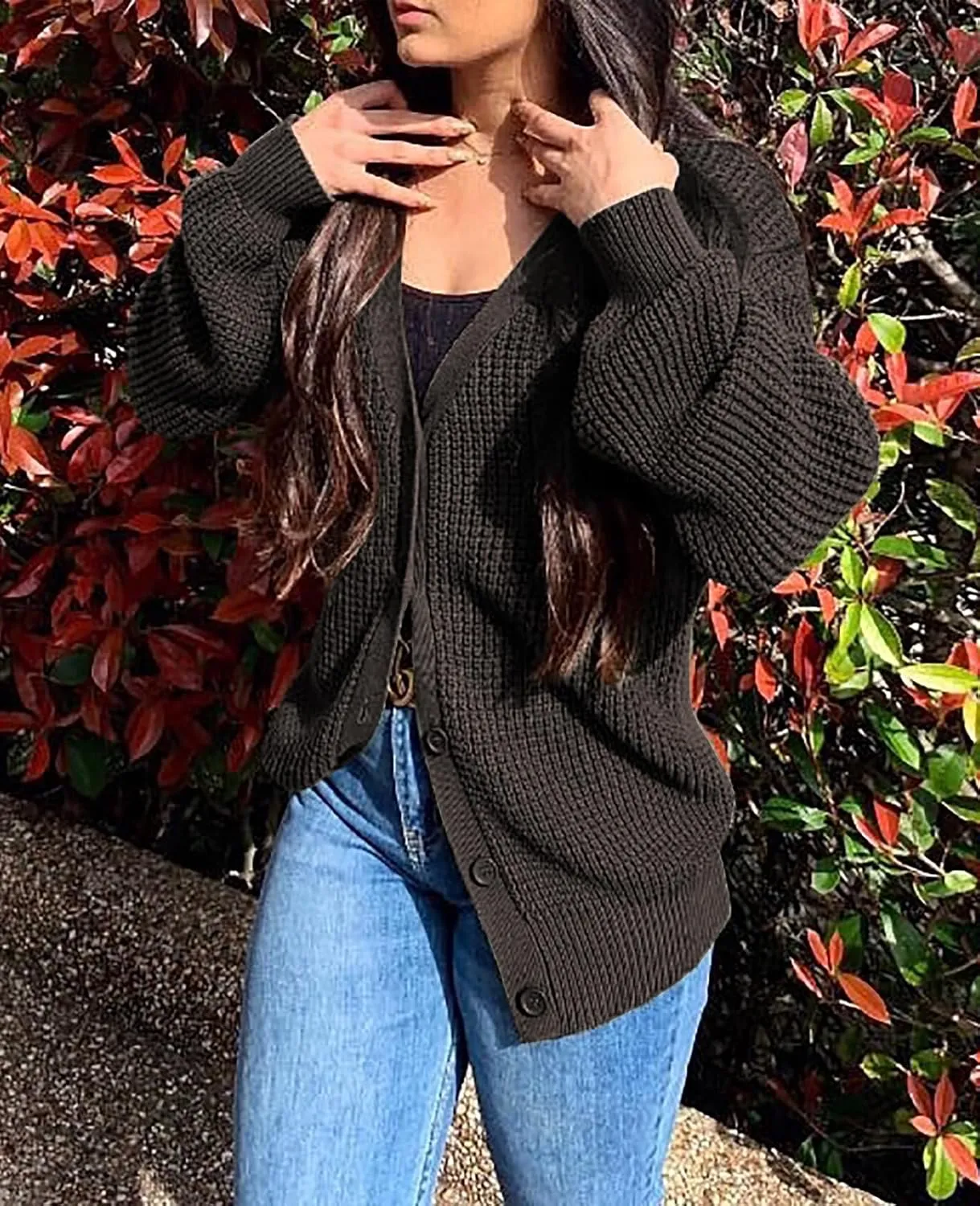 QUALFORT Cardigan Sweaters for Women 100% Cotton Button-Down Long Sleeve Oversized Knit Outerwear