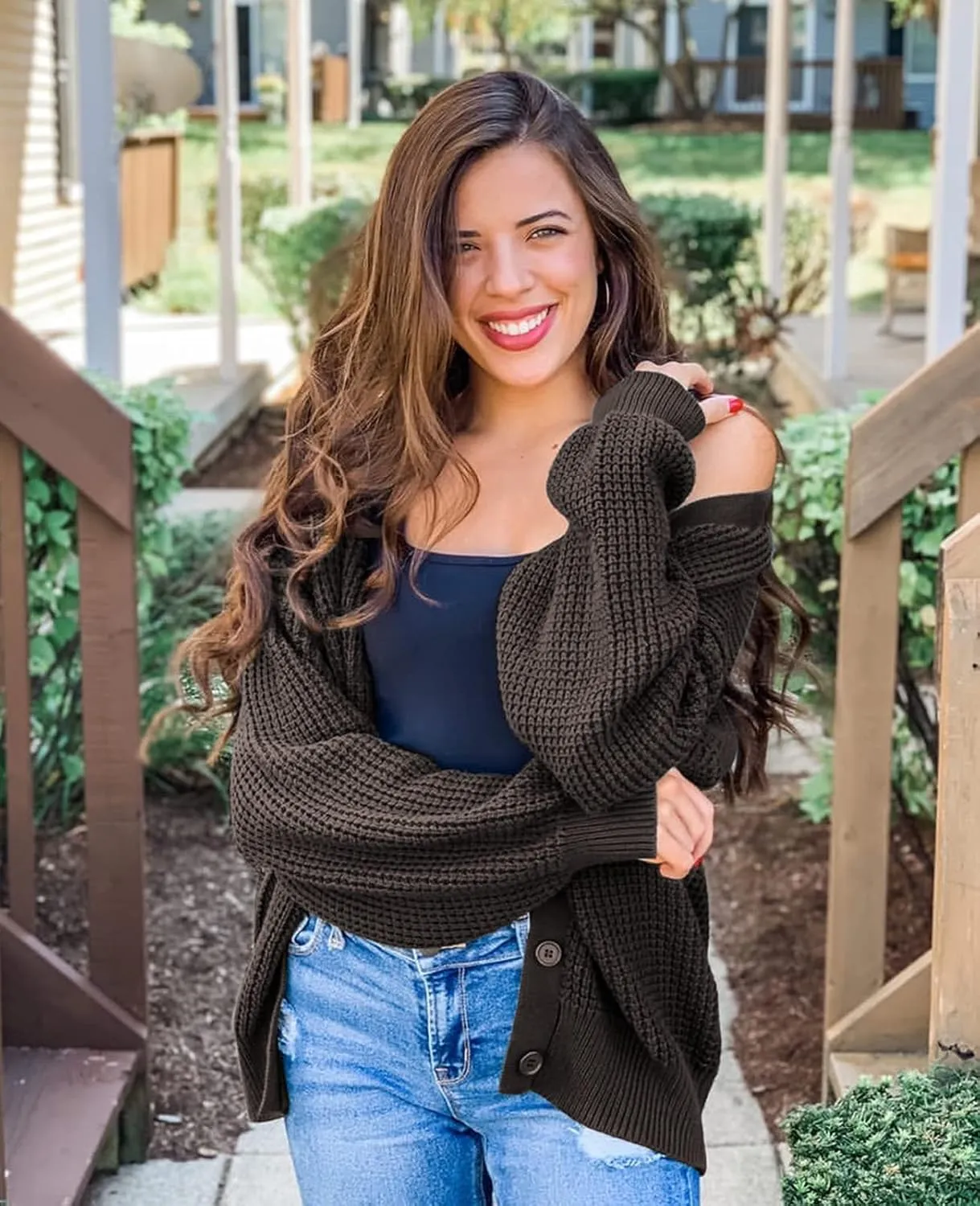 QUALFORT Cardigan Sweaters for Women 100% Cotton Button-Down Long Sleeve Oversized Knit Outerwear
