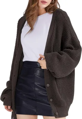 QUALFORT Cardigan Sweaters for Women 100% Cotton Button-Down Long Sleeve Oversized Knit Outerwear