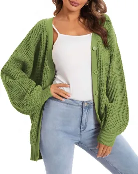 QUALFORT Cardigan Sweaters for Women 100% Cotton Button-Down Long Sleeve Oversized Knit Outerwear