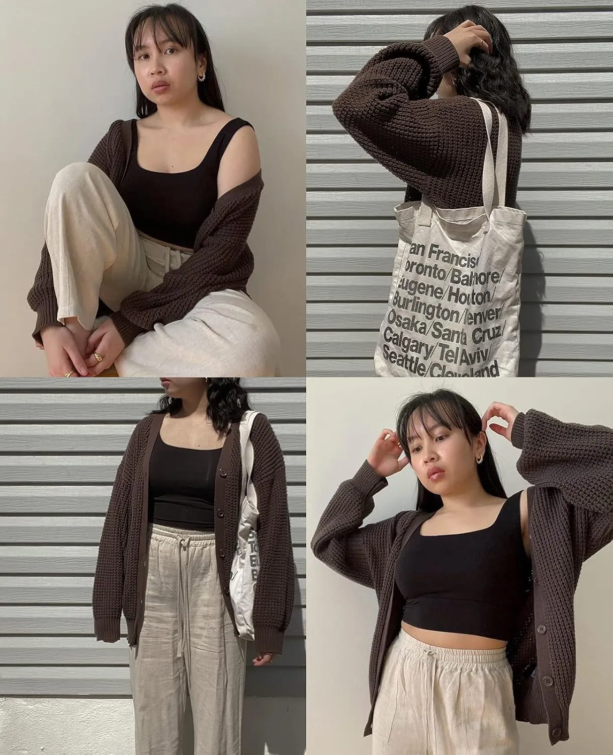 QUALFORT Cardigan Sweaters for Women 100% Cotton Button-Down Long Sleeve Oversized Knit Outerwear