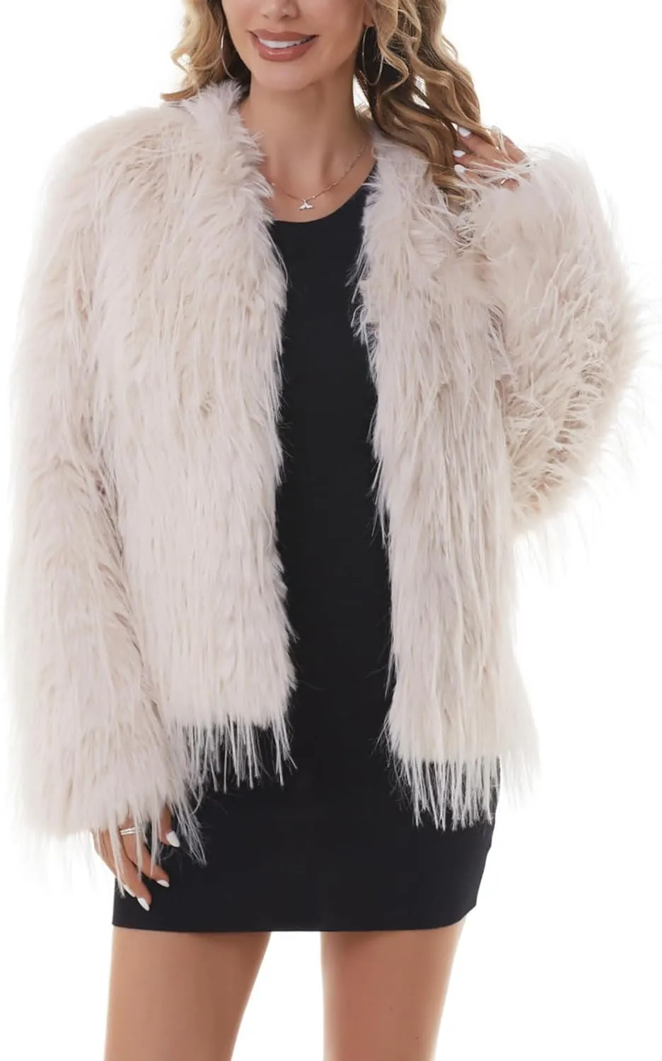QUENTY PIELIES Faux Fur Coat Womens Jacket Shaggy Outwear Long Sleeve Warm Winter