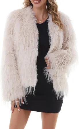 QUENTY PIELIES Faux Fur Coat Womens Jacket Shaggy Outwear Long Sleeve Warm Winter