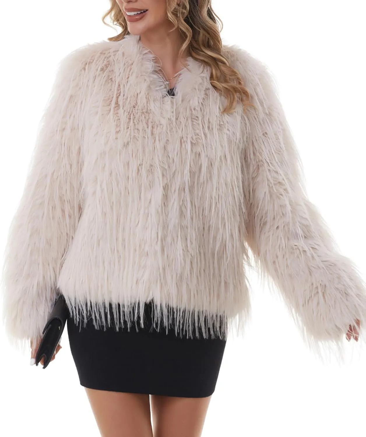 QUENTY PIELIES Faux Fur Coat Womens Jacket Shaggy Outwear Long Sleeve Warm Winter