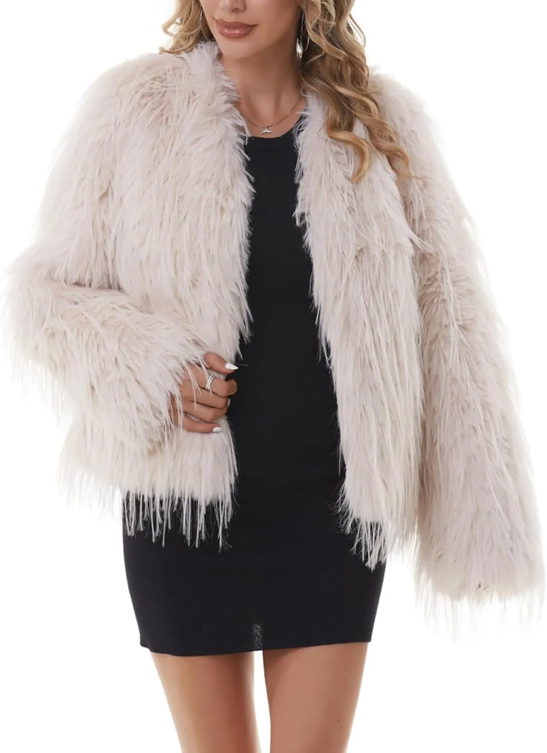 QUENTY PIELIES Faux Fur Coat Womens Jacket Shaggy Outwear Long Sleeve Warm Winter