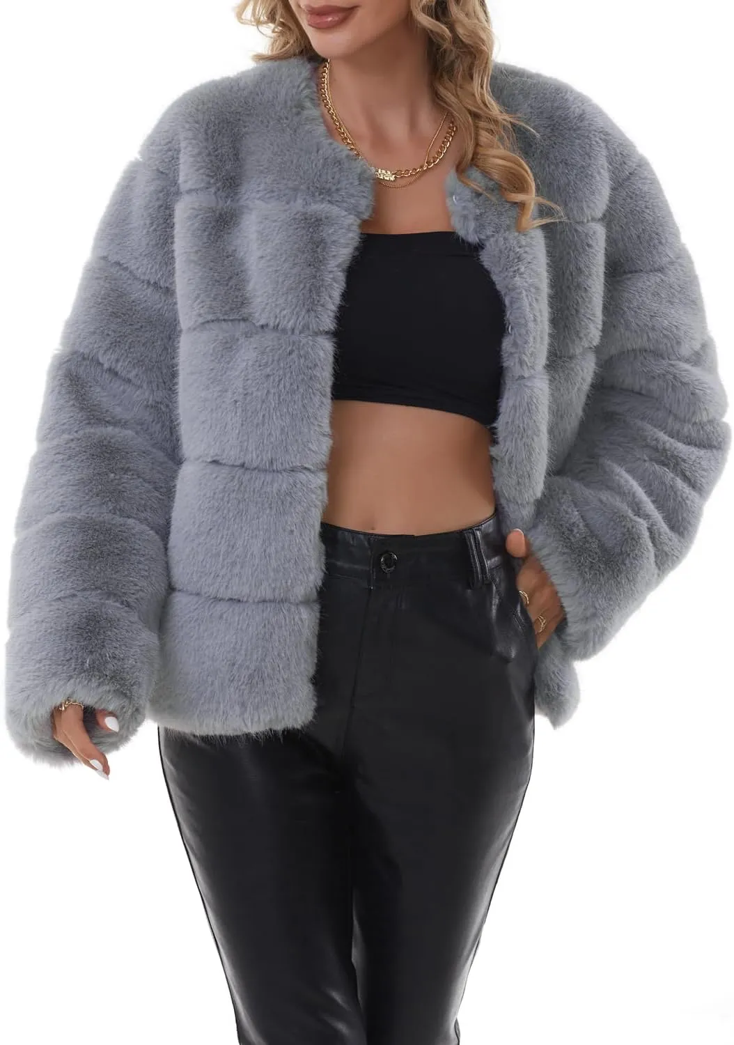 QUENTY PIELIES Faux Fur Coat Womens Jacket Winter Long Sleeve Overcoat Warm