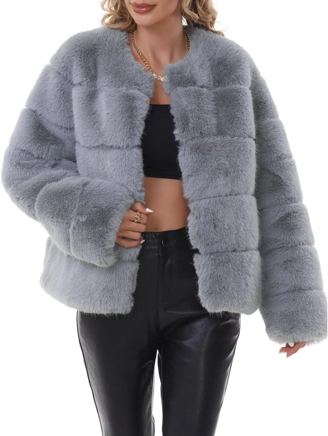 QUENTY PIELIES Faux Fur Coat Womens Jacket Winter Long Sleeve Overcoat Warm