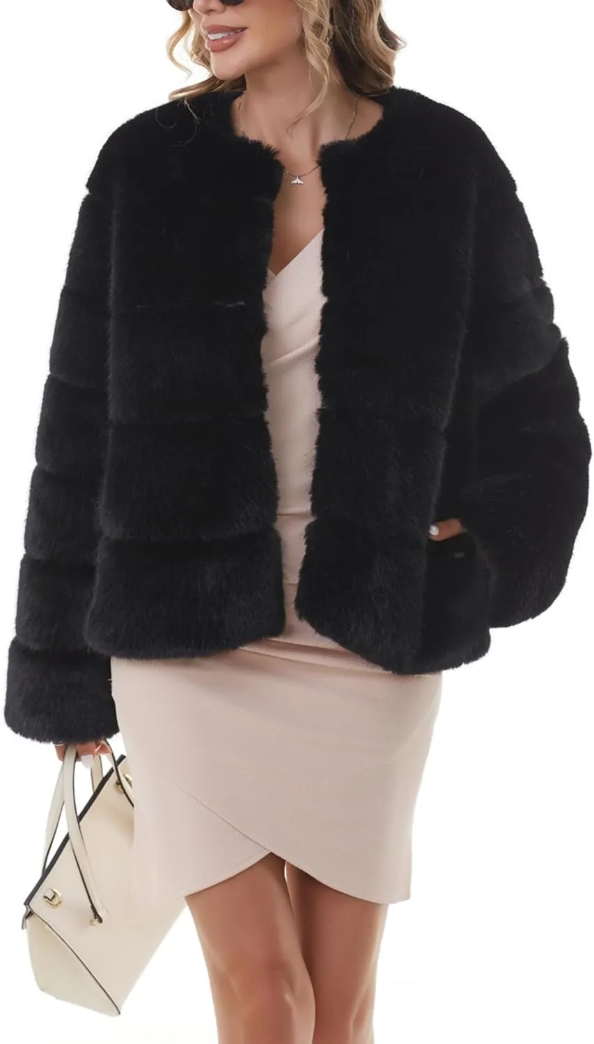 QUENTY PIELIES Faux Fur Coat Womens Jacket Winter Long Sleeve Overcoat Warm
