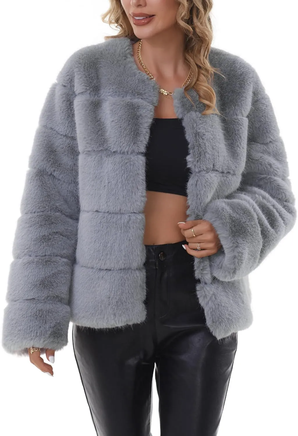QUENTY PIELIES Faux Fur Coat Womens Jacket Winter Long Sleeve Overcoat Warm
