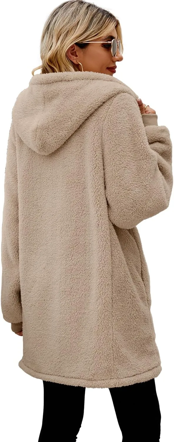 ReachMe Womens Fleece Zip Up Jacket with Pockets Oversized Long Sherpa Hoodie Fuzzy Jackets Warm Teddy Coat