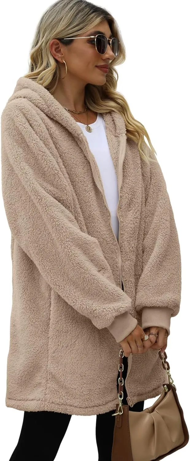 ReachMe Womens Fleece Zip Up Jacket with Pockets Oversized Long Sherpa Hoodie Fuzzy Jackets Warm Teddy Coat