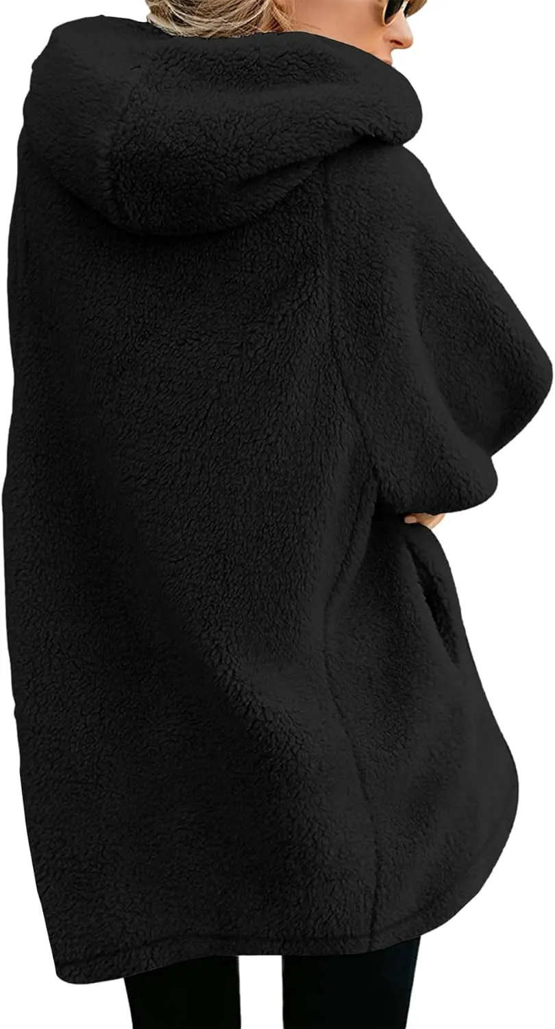 ReachMe Womens Fleece Zip Up Jacket with Pockets Oversized Long Sherpa Hoodie Fuzzy Jackets Warm Teddy Coat