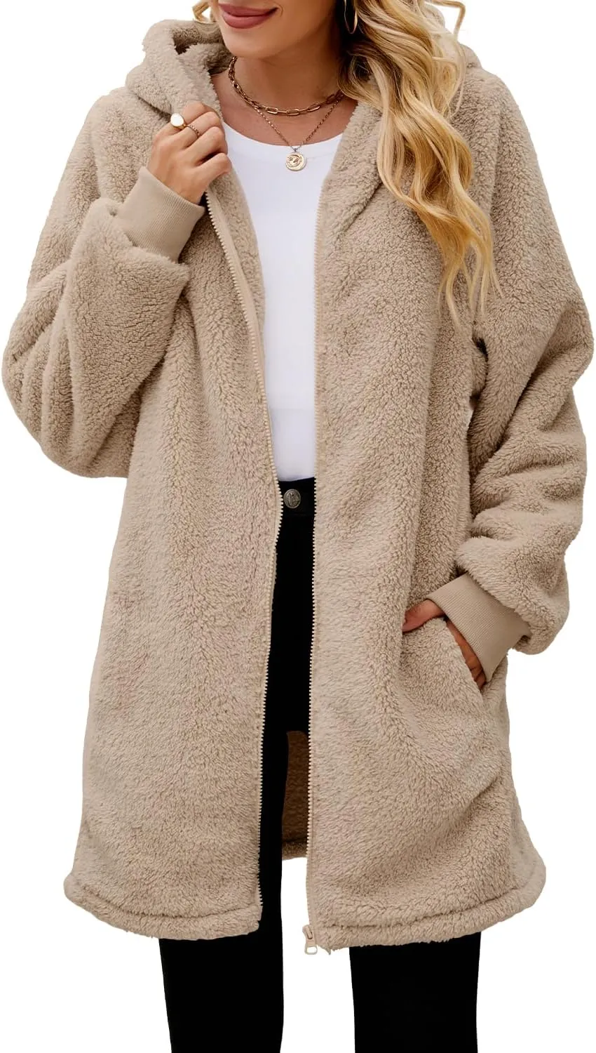 ReachMe Womens Fleece Zip Up Jacket with Pockets Oversized Long Sherpa Hoodie Fuzzy Jackets Warm Teddy Coat
