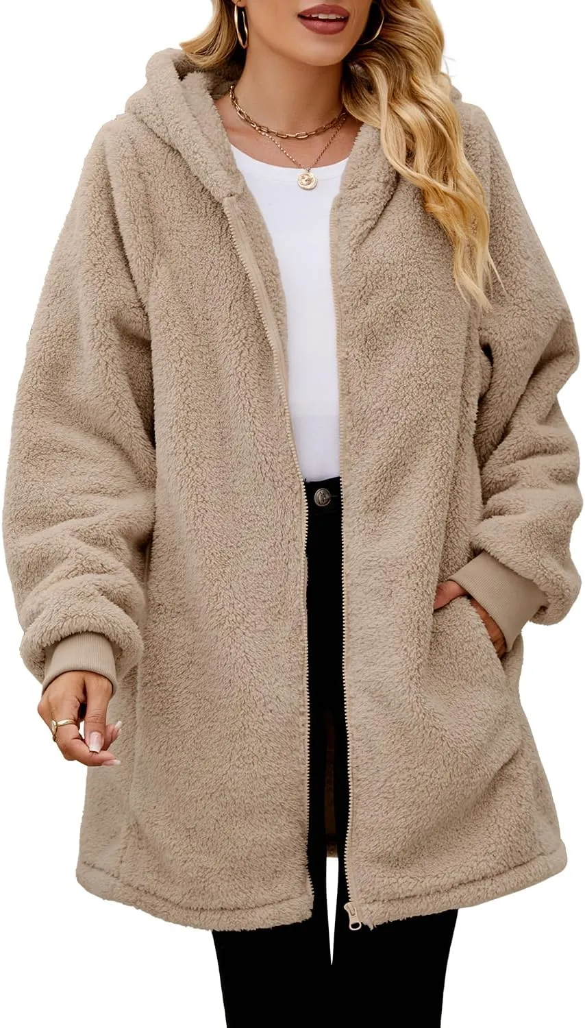 ReachMe Womens Fleece Zip Up Jacket with Pockets Oversized Long Sherpa Hoodie Fuzzy Jackets Warm Teddy Coat