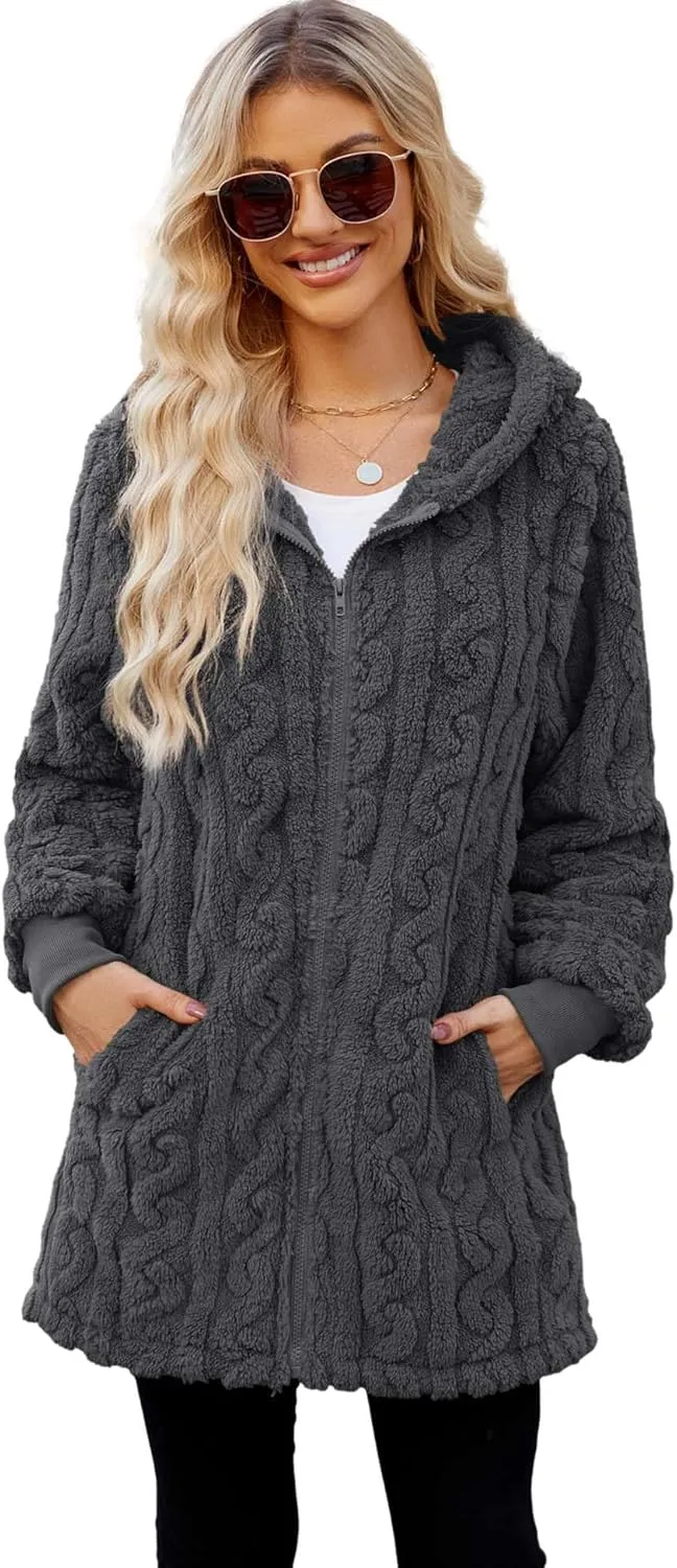 ReachMe Womens Fleece Zip Up Jacket with Pockets Oversized Long Sherpa Hoodie Fuzzy Jackets Warm Teddy Coat