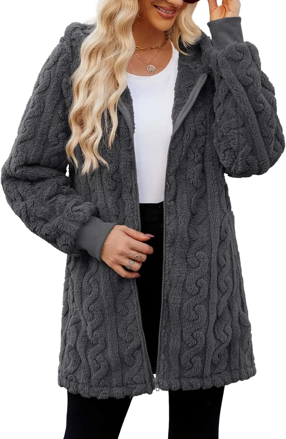 ReachMe Womens Fleece Zip Up Jacket with Pockets Oversized Long Sherpa Hoodie Fuzzy Jackets Warm Teddy Coat