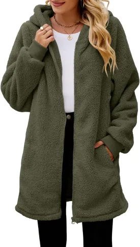 ReachMe Womens Fleece Zip Up Jacket with Pockets Oversized Long Sherpa Hoodie Fuzzy Jackets Warm Teddy Coat