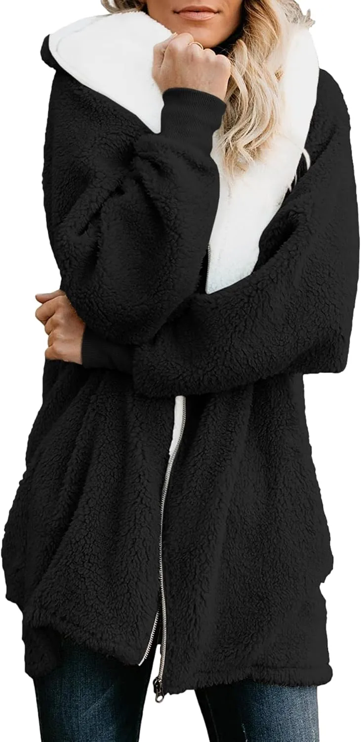 ReachMe Womens Fleece Zip Up Jacket with Pockets Oversized Long Sherpa Hoodie Fuzzy Jackets Warm Teddy Coat