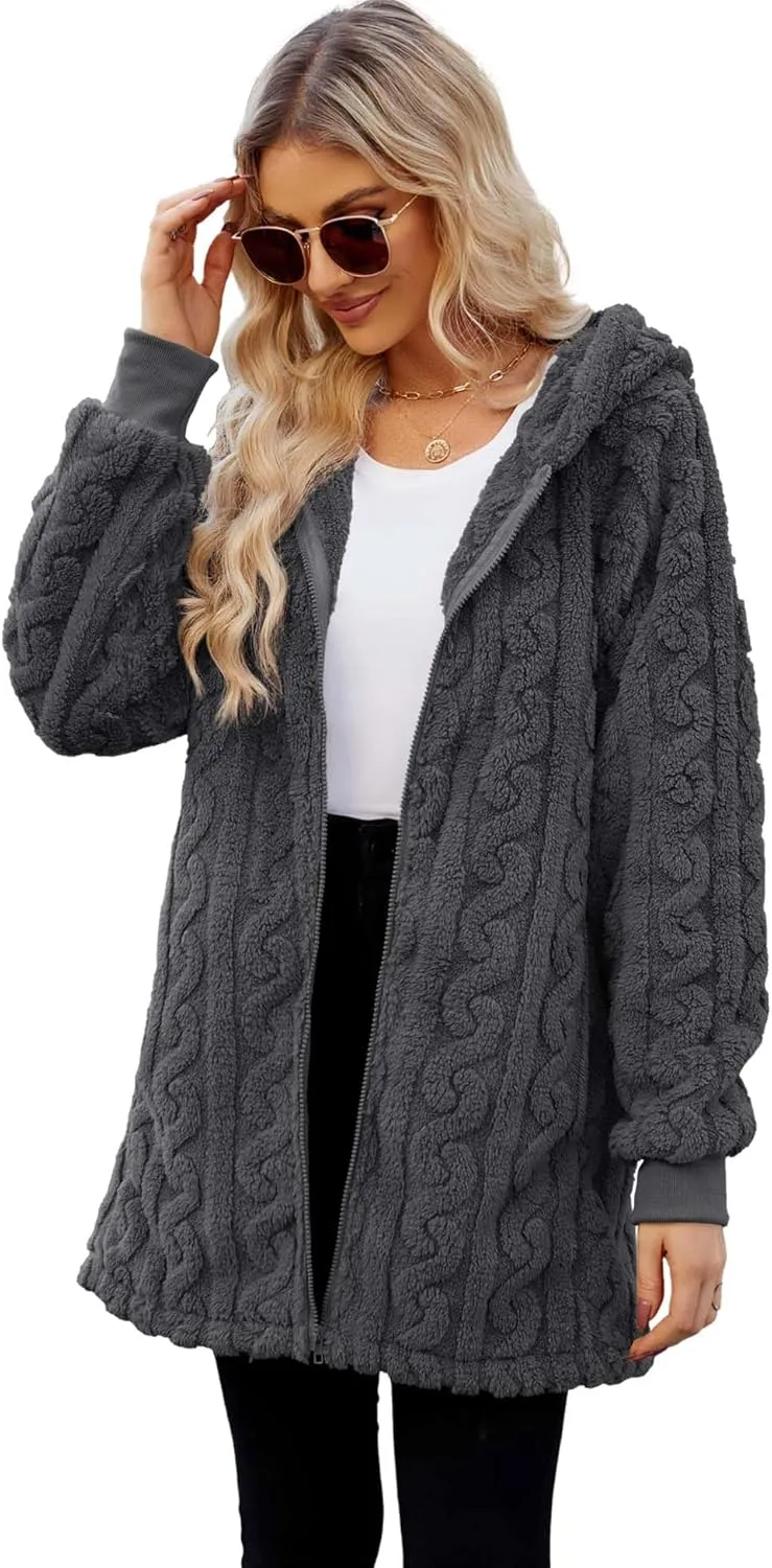 ReachMe Womens Fleece Zip Up Jacket with Pockets Oversized Long Sherpa Hoodie Fuzzy Jackets Warm Teddy Coat