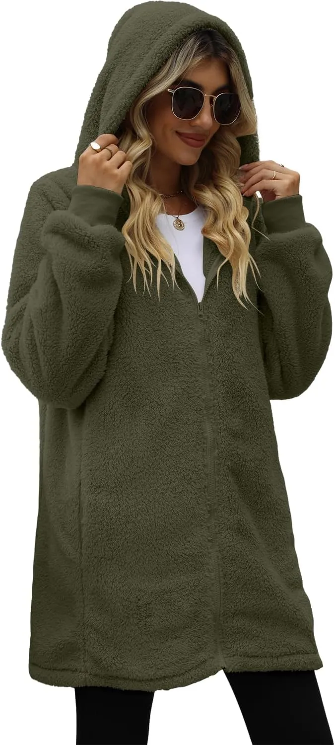 ReachMe Womens Fleece Zip Up Jacket with Pockets Oversized Long Sherpa Hoodie Fuzzy Jackets Warm Teddy Coat