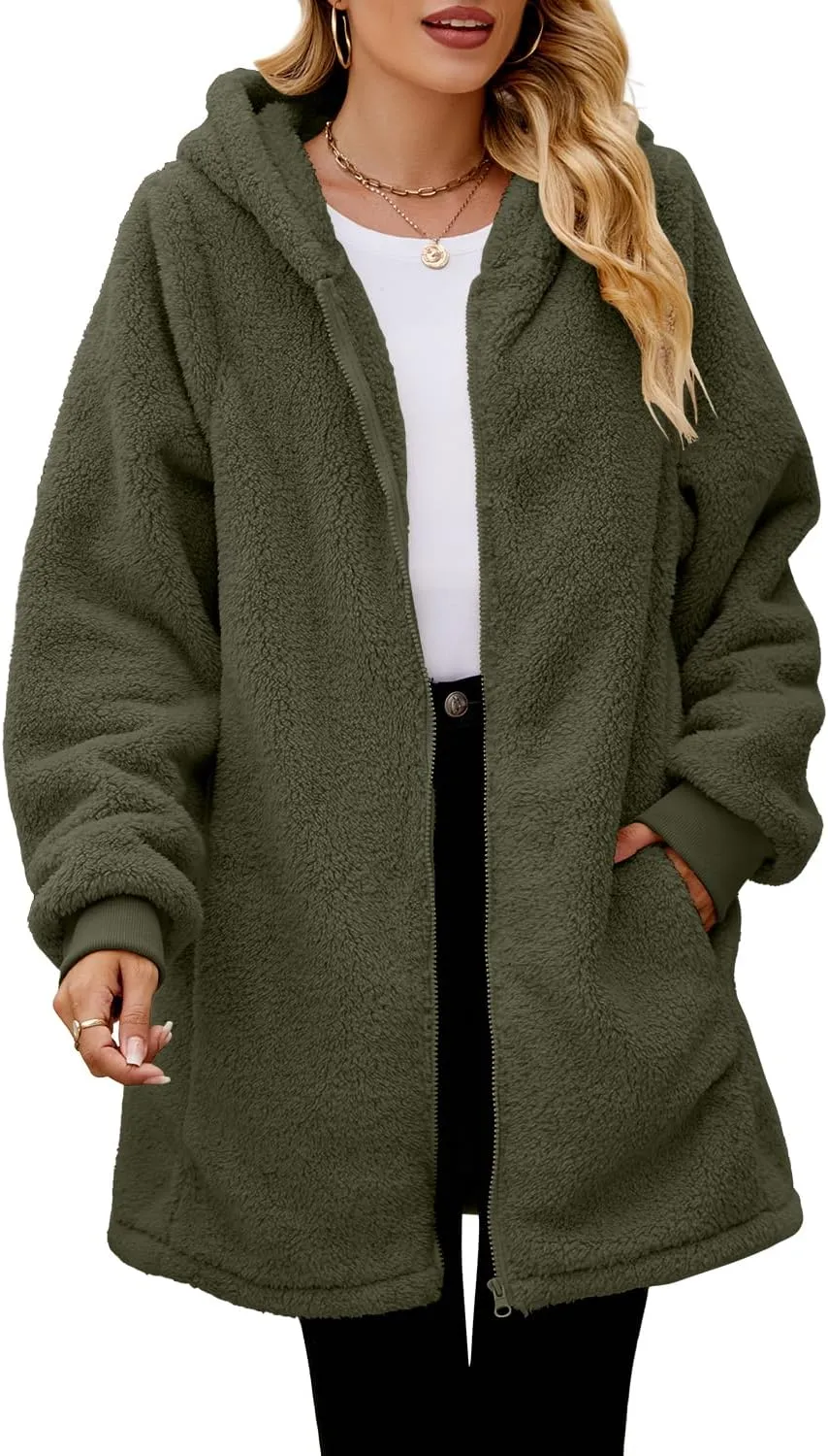 ReachMe Womens Fleece Zip Up Jacket with Pockets Oversized Long Sherpa Hoodie Fuzzy Jackets Warm Teddy Coat
