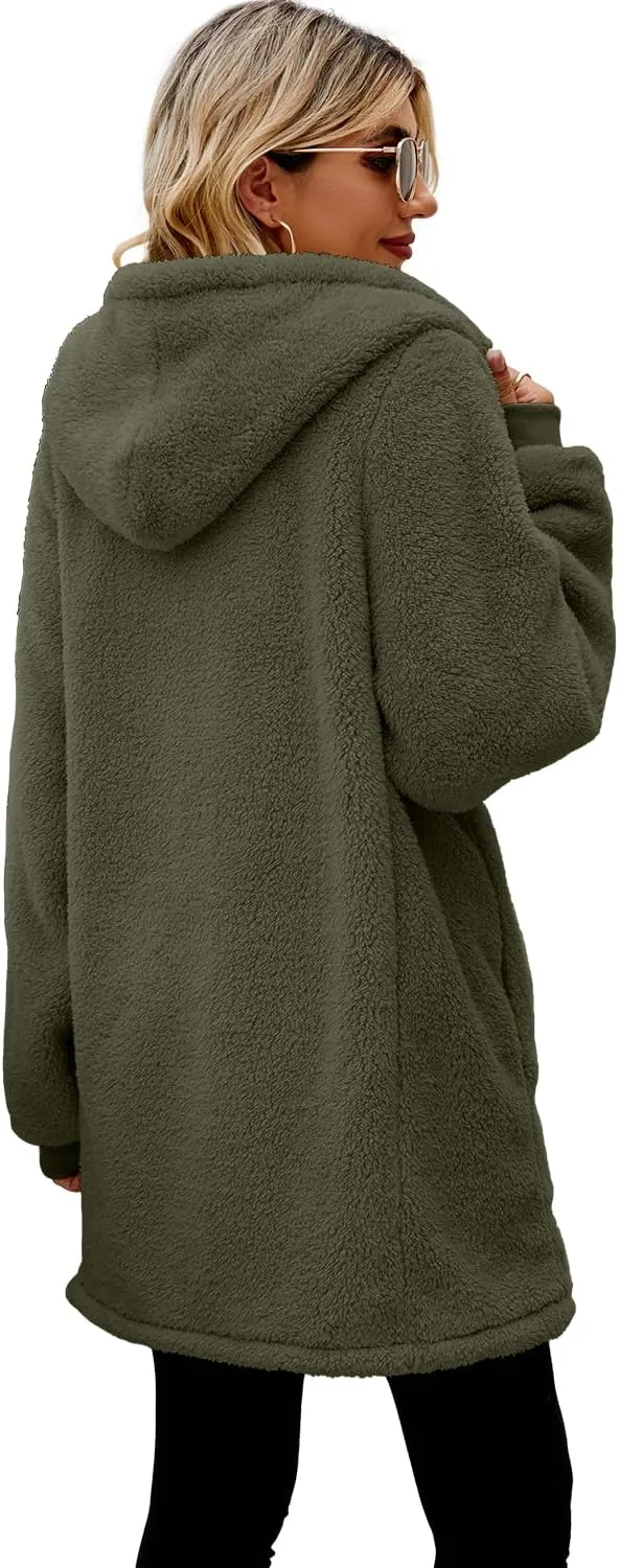 ReachMe Womens Fleece Zip Up Jacket with Pockets Oversized Long Sherpa Hoodie Fuzzy Jackets Warm Teddy Coat