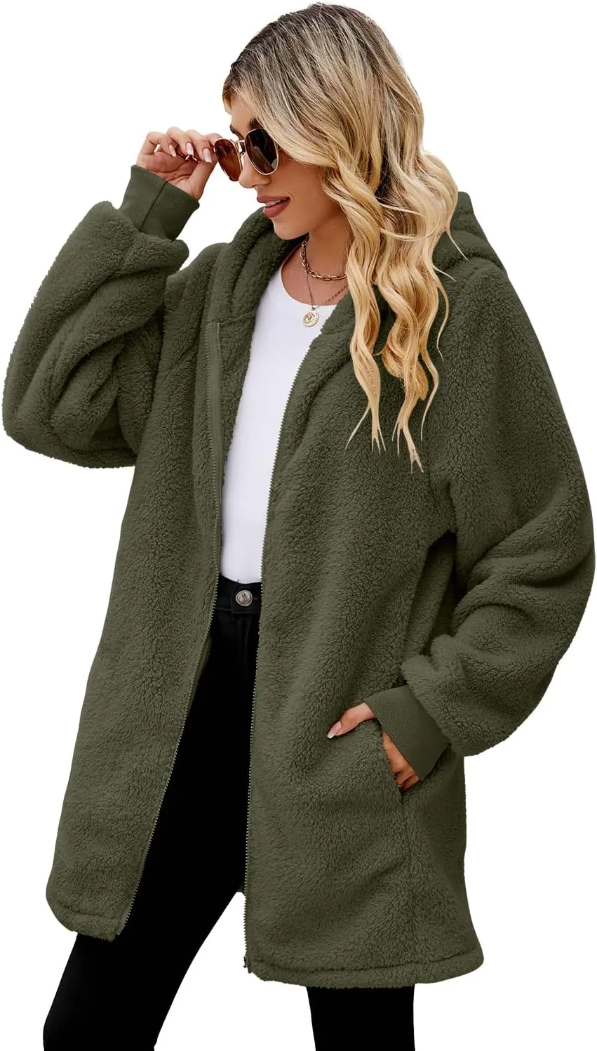 ReachMe Womens Fleece Zip Up Jacket with Pockets Oversized Long Sherpa Hoodie Fuzzy Jackets Warm Teddy Coat