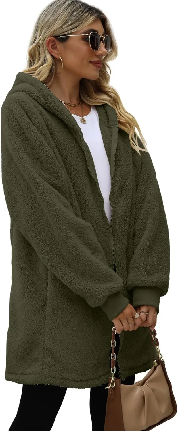 ReachMe Womens Fleece Zip Up Jacket with Pockets Oversized Long Sherpa Hoodie Fuzzy Jackets Warm Teddy Coat