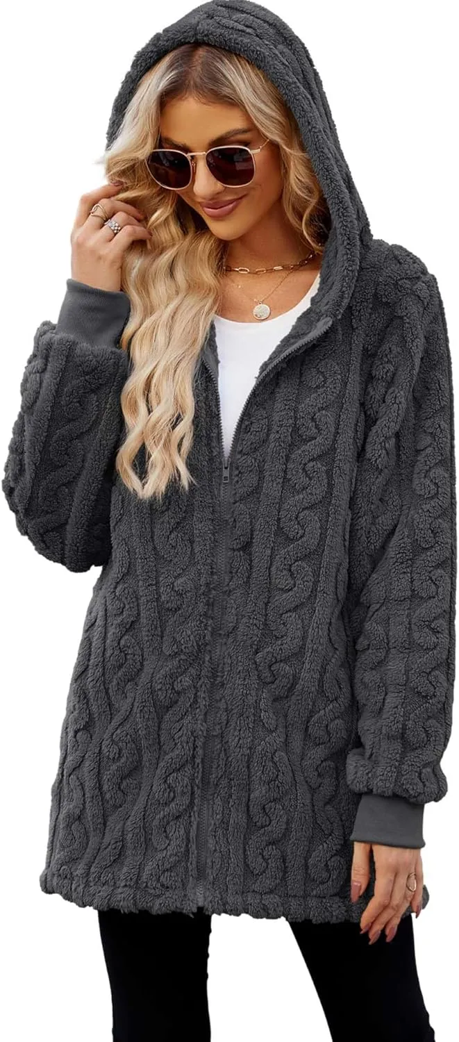 ReachMe Womens Fleece Zip Up Jacket with Pockets Oversized Long Sherpa Hoodie Fuzzy Jackets Warm Teddy Coat