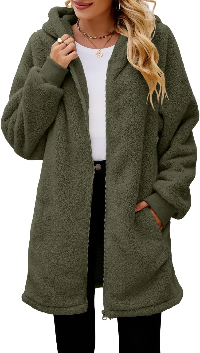 ReachMe Womens Fleece Zip Up Jacket with Pockets Oversized Long Sherpa Hoodie Fuzzy Jackets Warm Teddy Coat